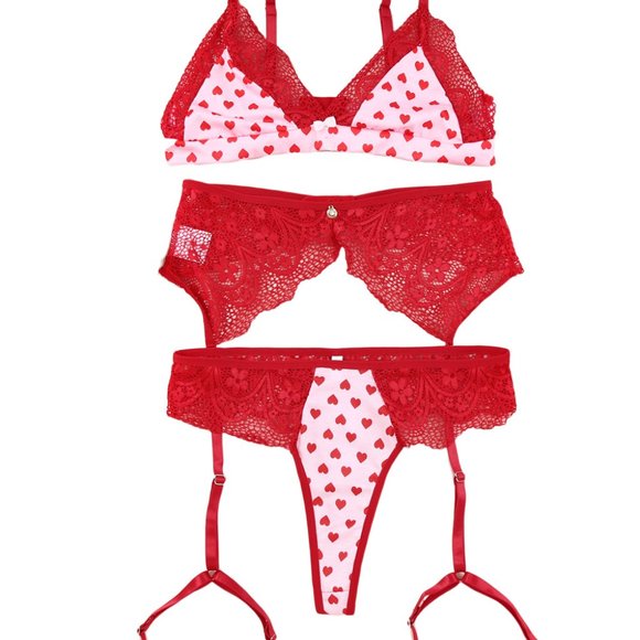 Red Lace Trim Heart Print Valentines Lingerie Set - Picture 16 of 16
